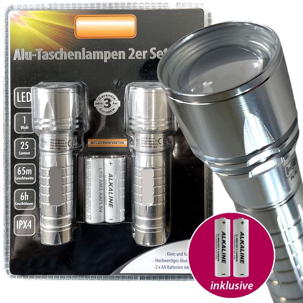 Alu-Taschenlampe 2er Set, IP44, 2x AA Batterie inkl.