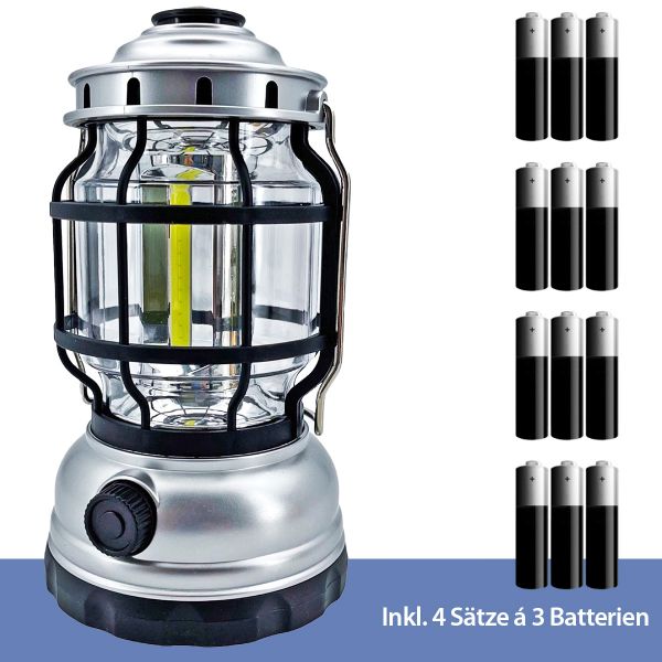 Camping-Laterne dimmbar Silber, COB-LED inkl.12 AA Batterien